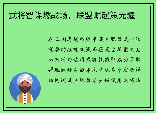 武将智谋燃战场，联盟崛起策无疆
